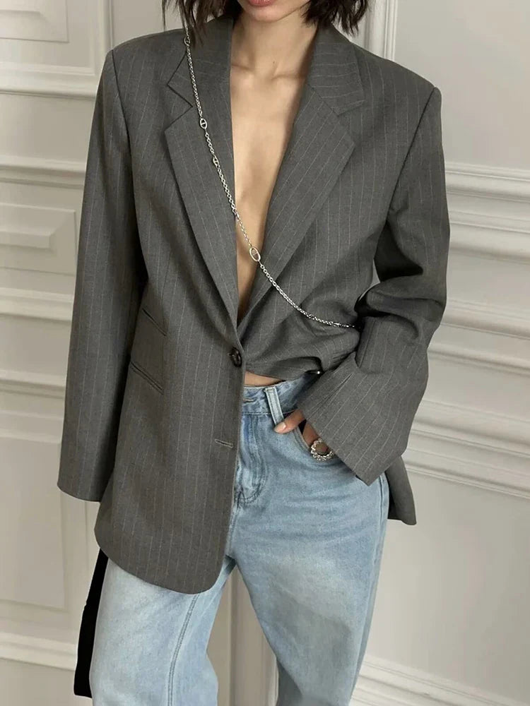 maoxiangshop - Fall New Striped Blazer Coat For Women With Detachable Splice Flare Long Sleeve Casual High Street Lapel Female Blazer