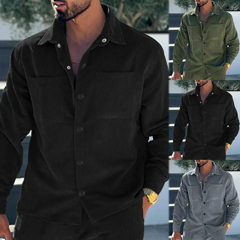 maoxiangshop Autumn New Men's Shirt High Quality Corduroy Leisure Multi-pocket Solid Color Cargo Shirt Cardigan Men's Clothing
