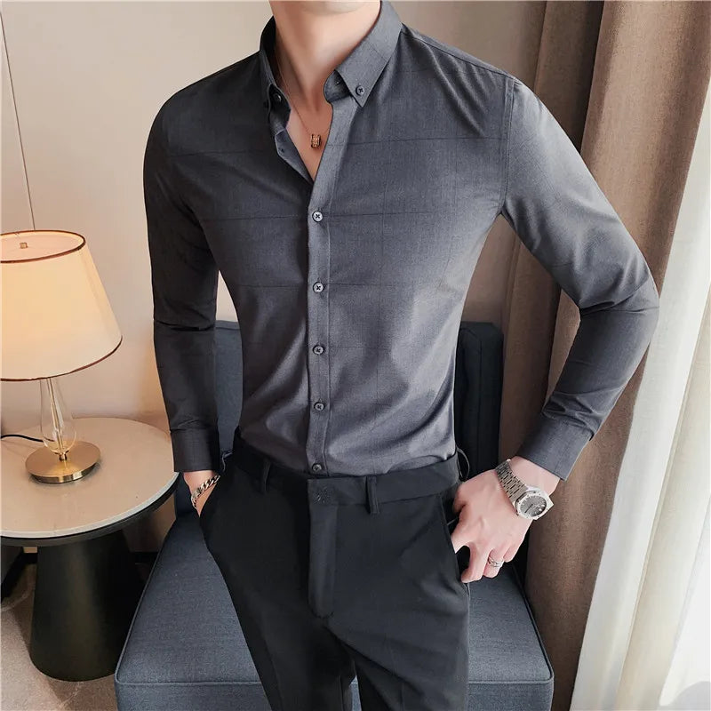 maoxiangshop British Style Men Long Sleeved Shirt Autumn Anti-wrinkle Soft Solid Casual Elastic Slim Fit Camisas Y Blusas Men Clothing
