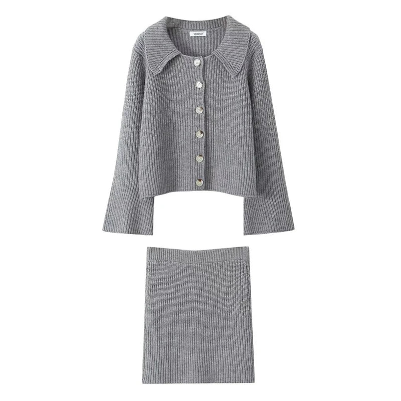 maoxiangshop - Autumn Knit Two Piece Sets Women Knitwear Jumper Loose Tops Long Sleeve Jacket Sweater Cardigan High Waist Skirt Mini Skirts