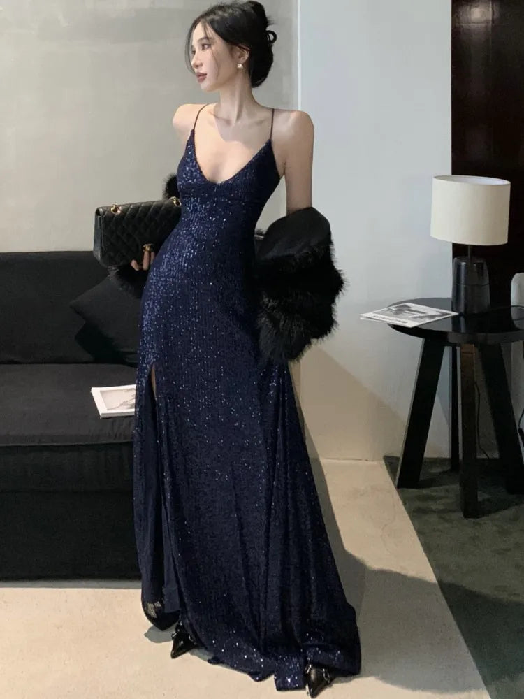 maoxiangshop - Women's Backless V-Neck Split Maxi Dress Sexy Slim Evening Gown Luxury Dresses Fashion Robe Birthday Party Spring Autumn New
