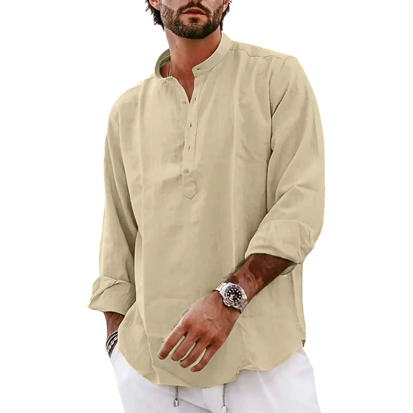 maoxiangshop Streetwear Mens Cotton Linen Shirts Casual Lightweight Long Sleeve Henley Shirts for Men Beach Hawaiian Breathable T Shirts