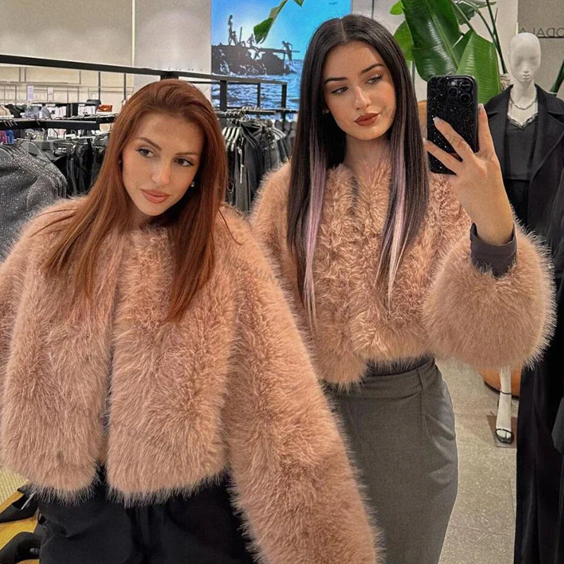 maoxiangshop - Brand Fashion 2024 Winter Sweet Pink Cropped Faux Fur Coat Women Streetwear Ins Chic Girls Fluffy Fox Fur Jacket Female