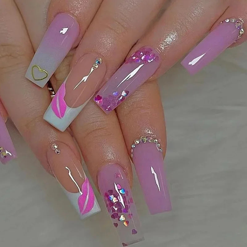 maoxiangshop 24pcs Long Coffin Purple False Nails Ballet Simple Glitter with Glue French Design Wearable Fake Nails Artificial Nail Tips