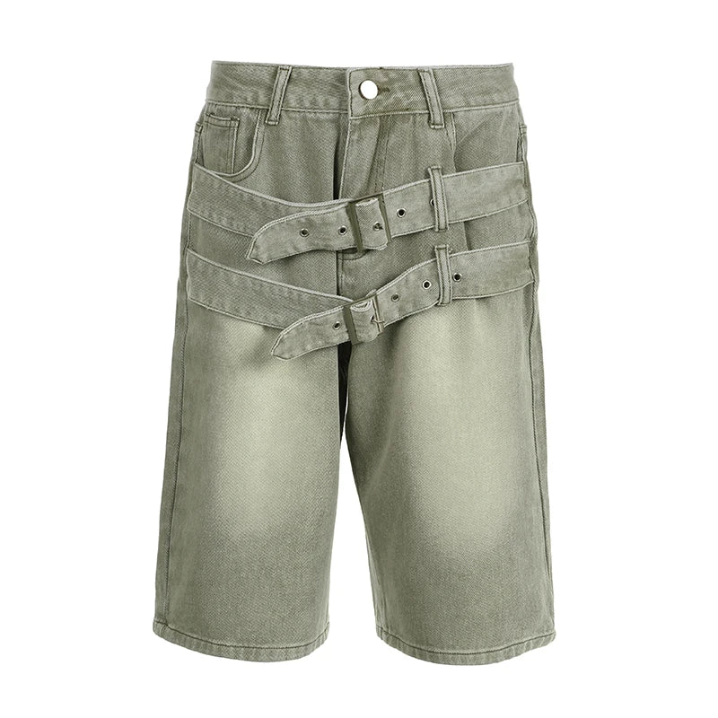 Streetwear Distressed Buckle Straight Denim Shorts Vintage Casual Washed Summer Shorts Women Jeans Cargo Style Bottom