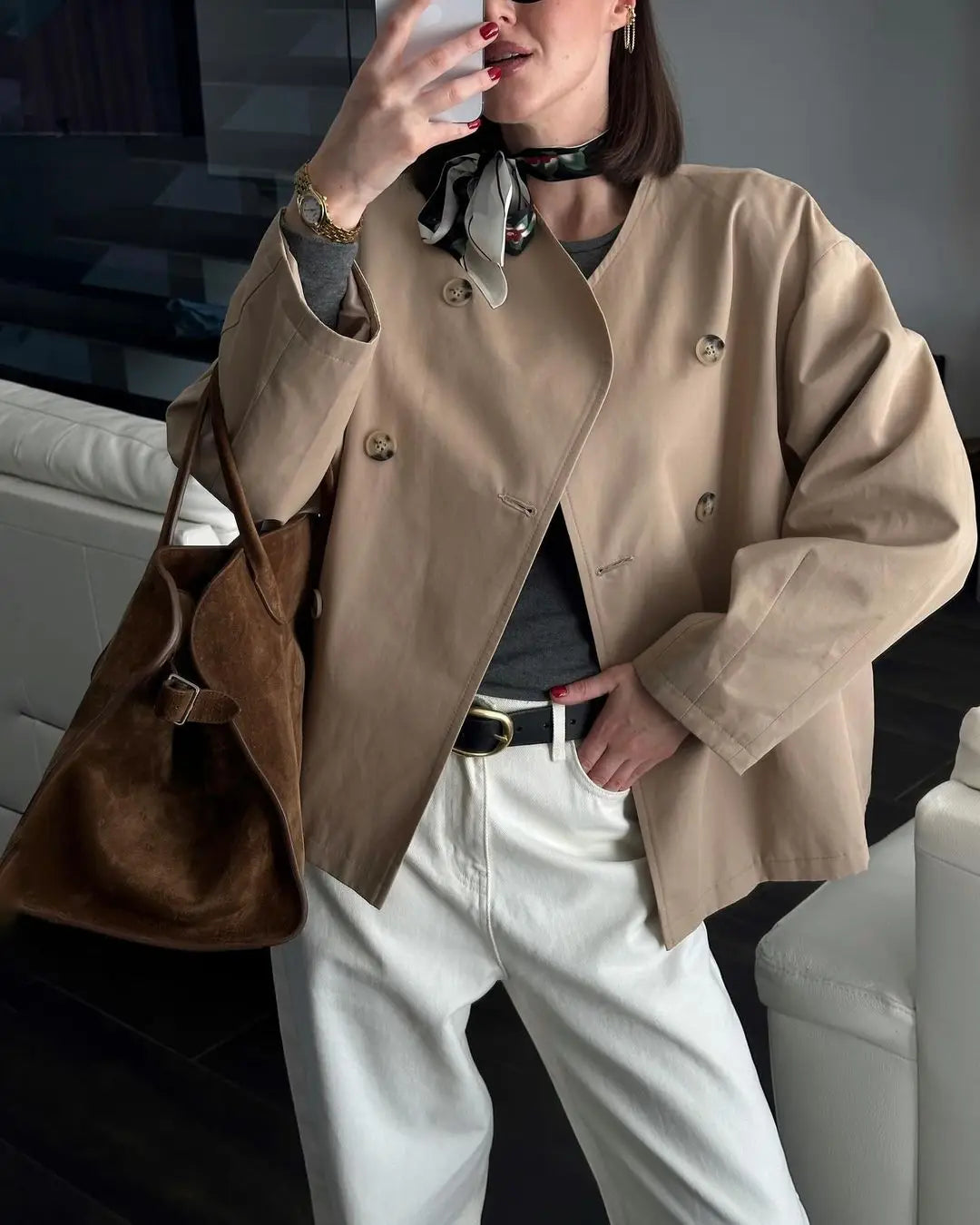 maoxiangshop - Fashion Solid Color Double-breasted V-neck Women's Jacket Casual Long Sleeved Versatile Coats New Autumn Commute Outerwear 2024