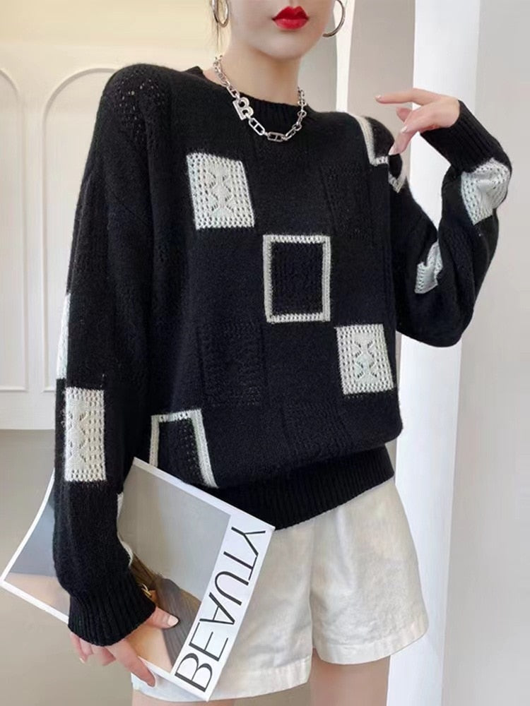 maoxiangshop Fashion Tops Women Oversized Sweater Autumn Winter New Colorblock Plaid Knitted Pullovers Round Neck Retro Warm Sweaters