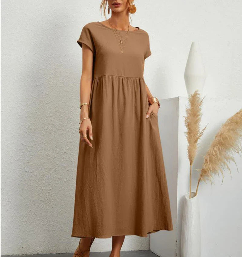 maoxiangshop Women's Elegant Solid Color Dress Summer Short Sleeve O-Neck Vintage Harajuku Cotton Linen Comfortable Loose Pocket Long Dress