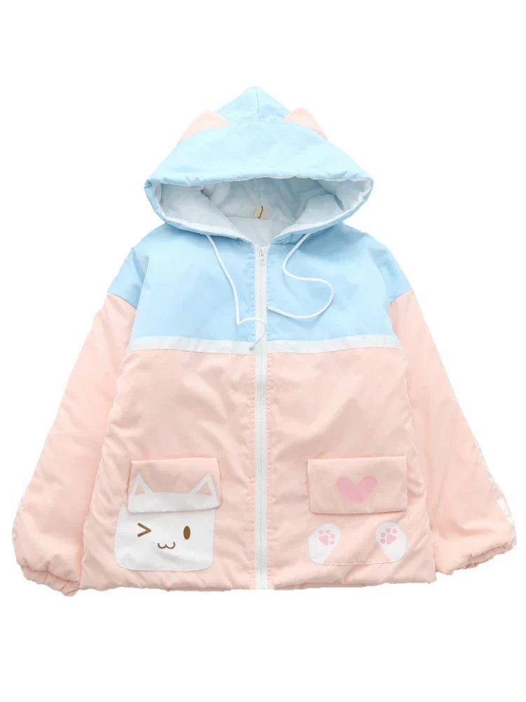 Women's Cartoon Print Harajuku Cotton Coat Patchwork Jackets 2023 Winter Long Sleeve Hooded Warm Parka