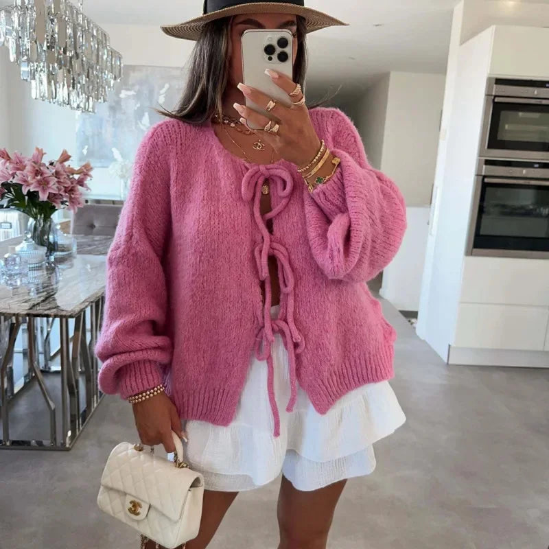 maoxiangshop - Fashion Lace Up Bow Knitted Cardigan Woman O Neck Long Sleeve Hollow Out Sweater Coat Autumn Female Casual High Street Knitwear