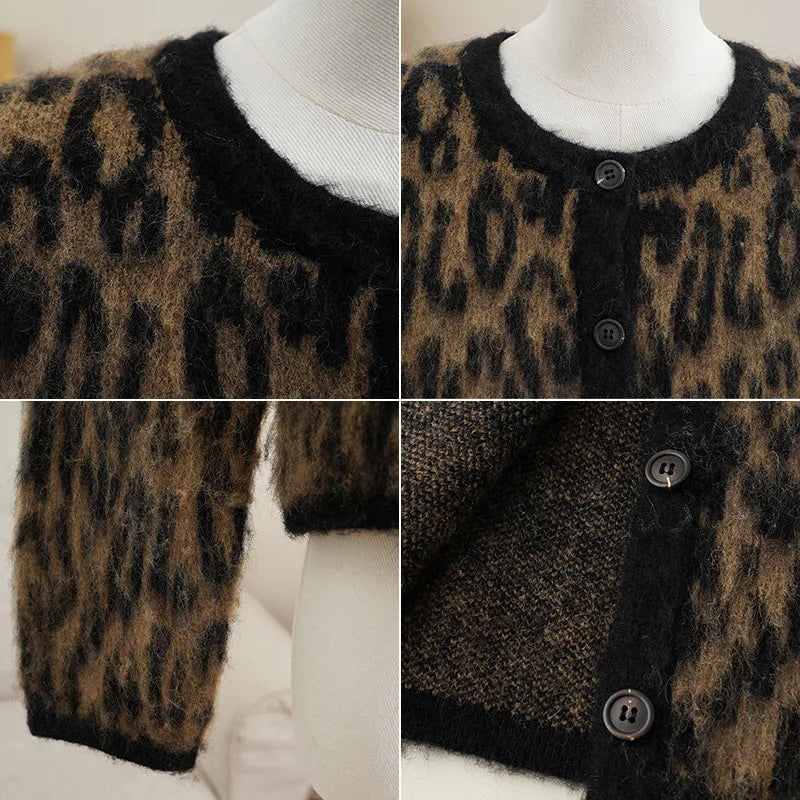 maoxiangshop - Fashion Lepard Knitted Sweater Cardigan For Women Loose Casual Long Sleeve Retro Single Breatted Sweater Autumn Outwear