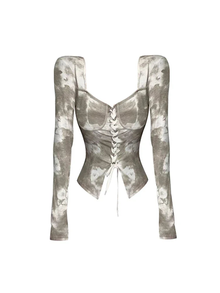 Spring Women Dark Academia Design Tie Dye French Square Collar T-Shirts Long Sleeve Slim Tees Crop Tops Gyaru Aesthetic Tide Hot