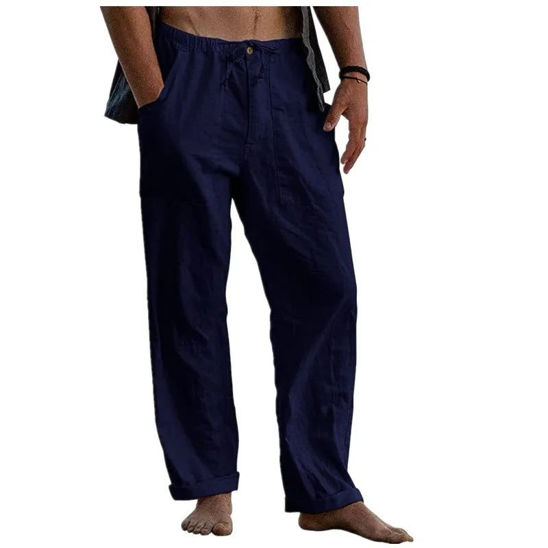 maoxiangshop New Men's Cotton Linen Pants Summer Solid Color Breathable Linen Trousers Summer elastic waist drawstring loose pants