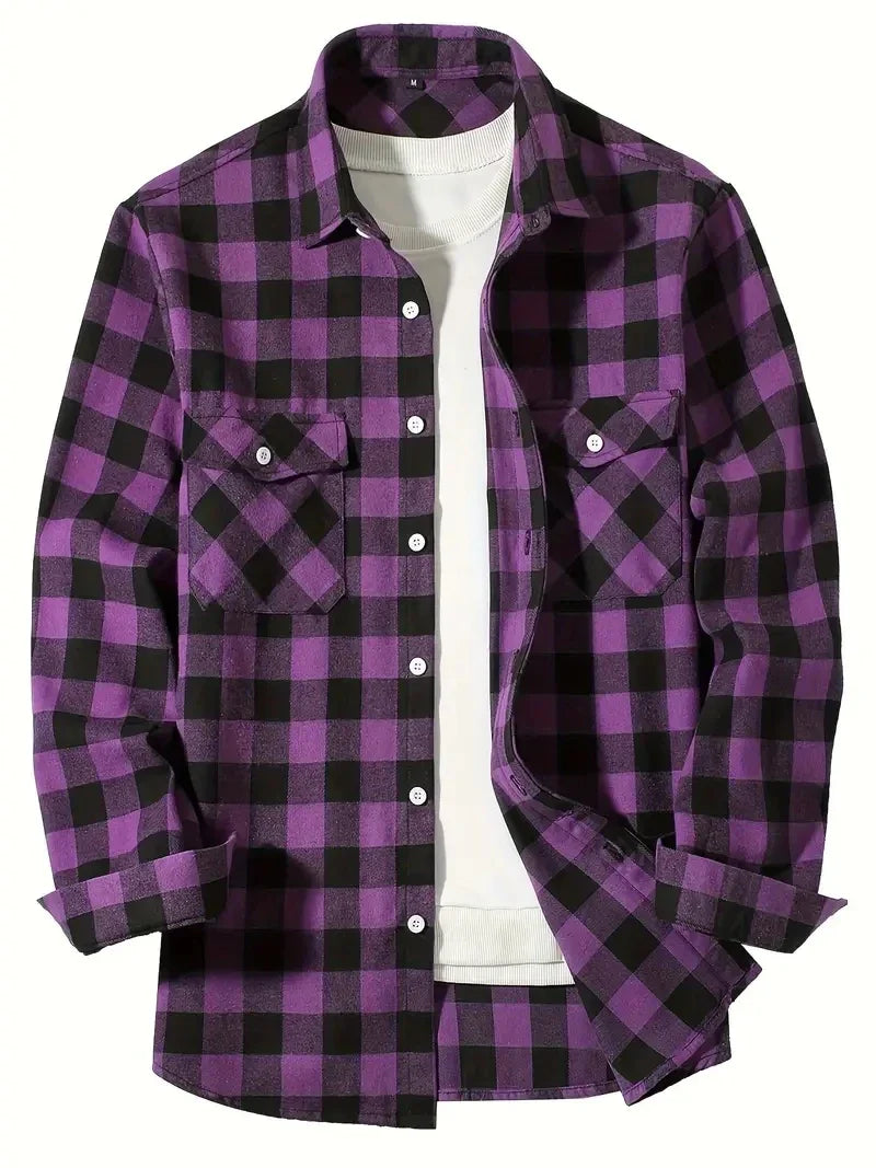 maoxiangshop Men's Shirts Button-Up Classic Plaid Smart Casual Flannel Shirt Long Sleeved Chest Two Pockets Design Spring Autumn Men Tops