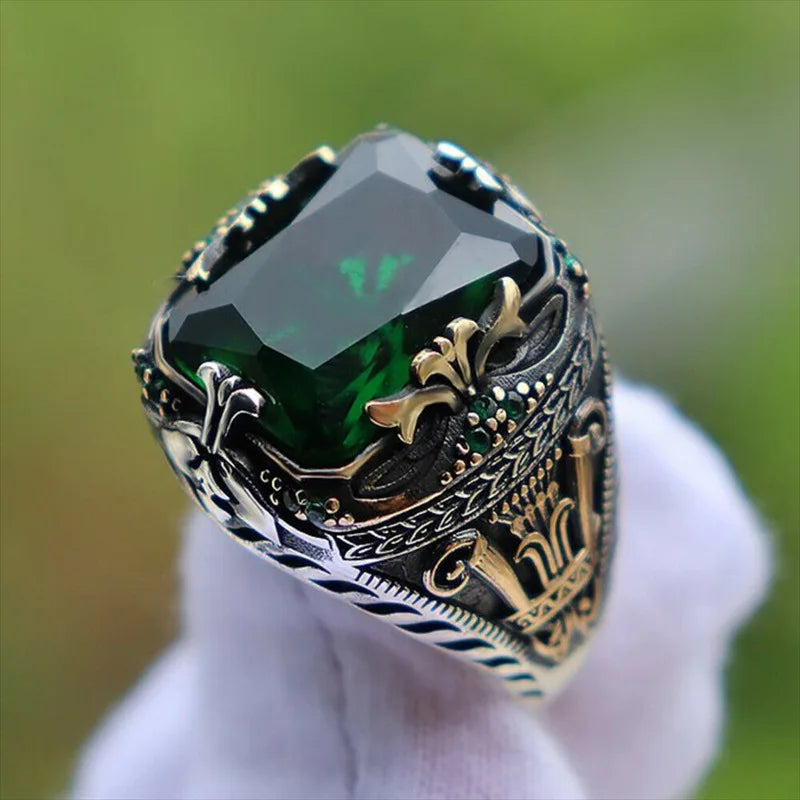 maoxiangshop Retro Handmade Turkish Signet Rings for Men Ancient Silver Color Carved Ring Mystic Zircon Inlay New Punk Motor Biker Ring