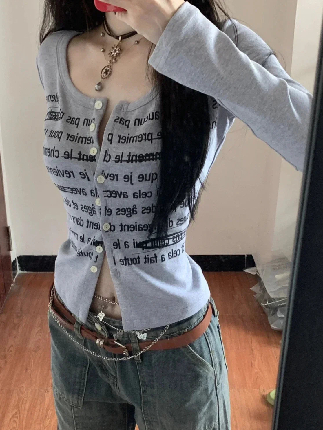 maoxiangshop-Korean Style Vintage Gray Crop T Shirts Women Streetwear Letter Print Casual Tops Mujer Slim Long Sleeve Tees Autumn