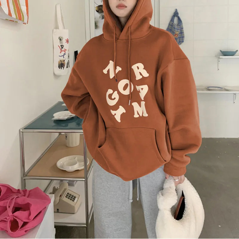maoxiangshop Korean Autumn Winter Letter Print Hoodie Women Casual Long Sleeve Pullover Tops Hood Shirt Harajuku Oversize Sweatshirt Y2k 후드티