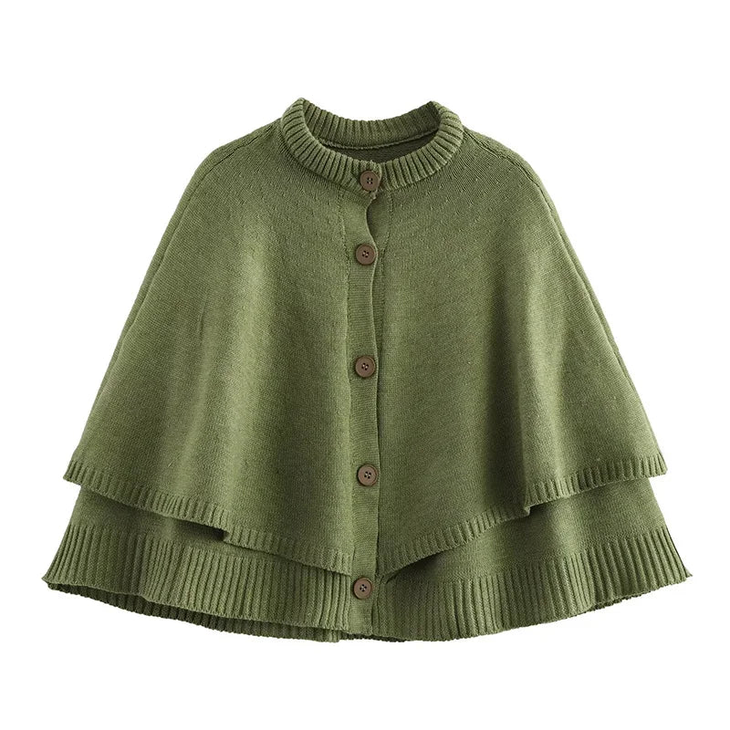 maoxiangshop - Chic Knitted Cape Cardigan Women Casual Solid Single-Breasted O-neck Sweaters Female Autumn Loose Versatile Simple Knitwear
