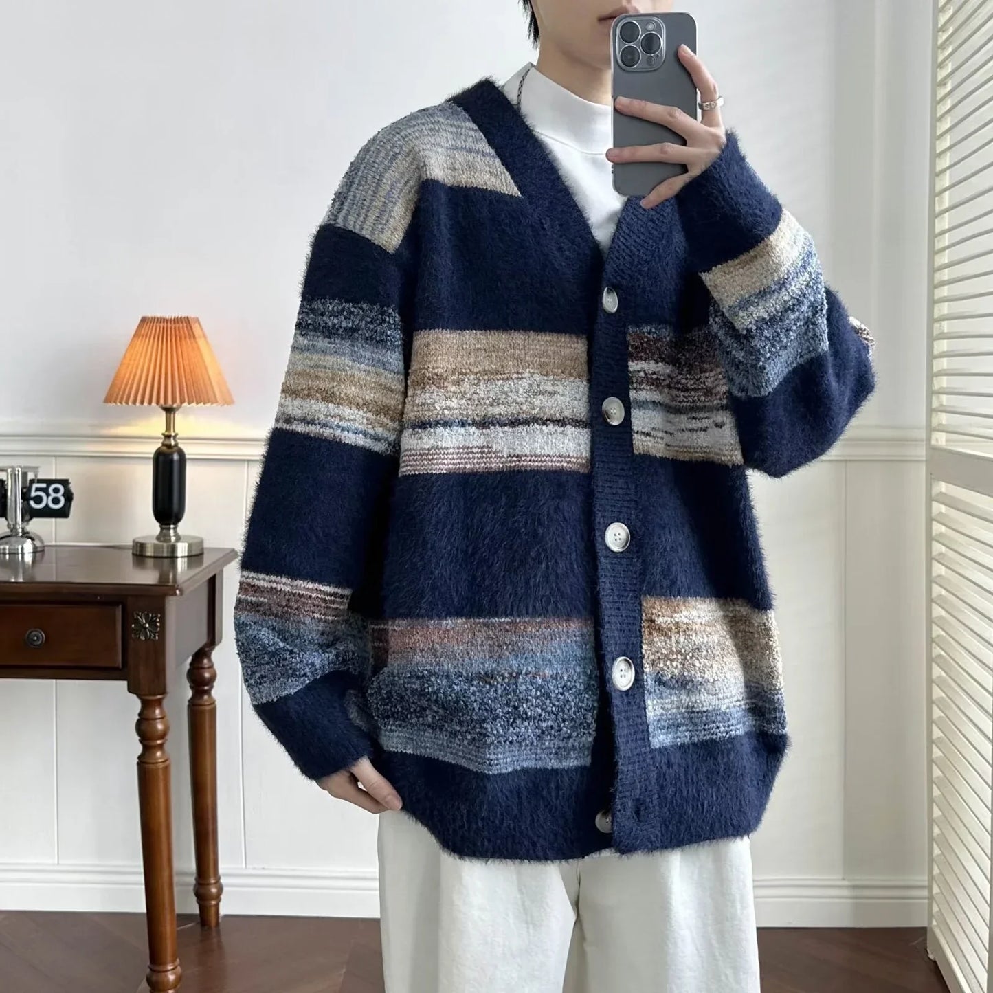 maoxiangshop Striped Cardigan Men Chic Baggy Slouchy V-neck Japanese Style Harajuku Vintage High Street Knitting Sweaters All-match Autumn