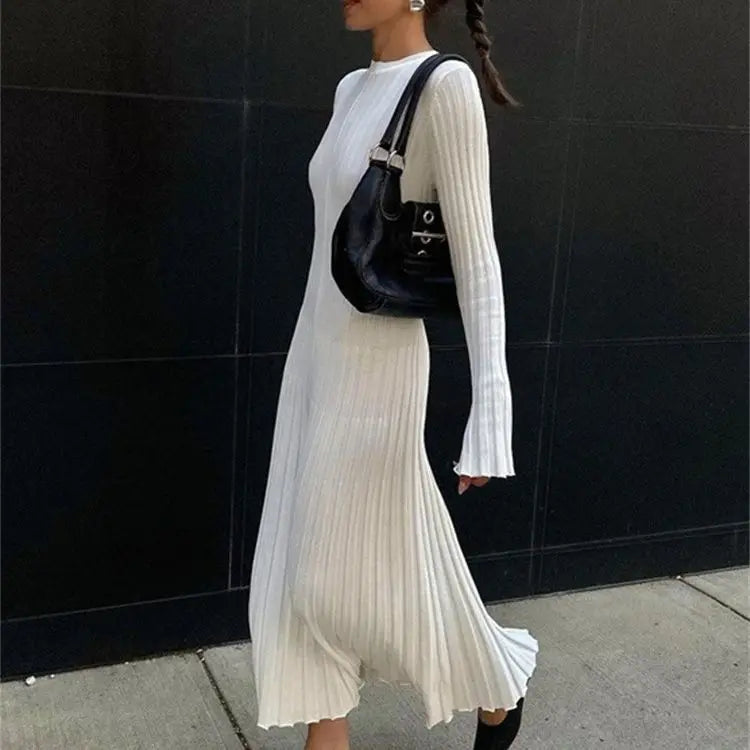 maoxiangshop - Fashion Long Sleeve Crewneck Tight Knitted Sweater Dress Autumn New Sweater Dress Women Pit Solid Color Base Dress elegant