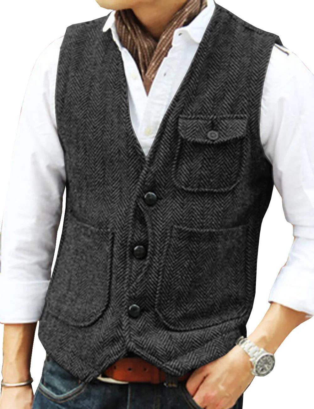 maoxiangshop Men's Vests Business Suit Vest Herringbone Tweed V Neck Formal Waistcoat For Wedding Suit Or Tuxedo Men Vest