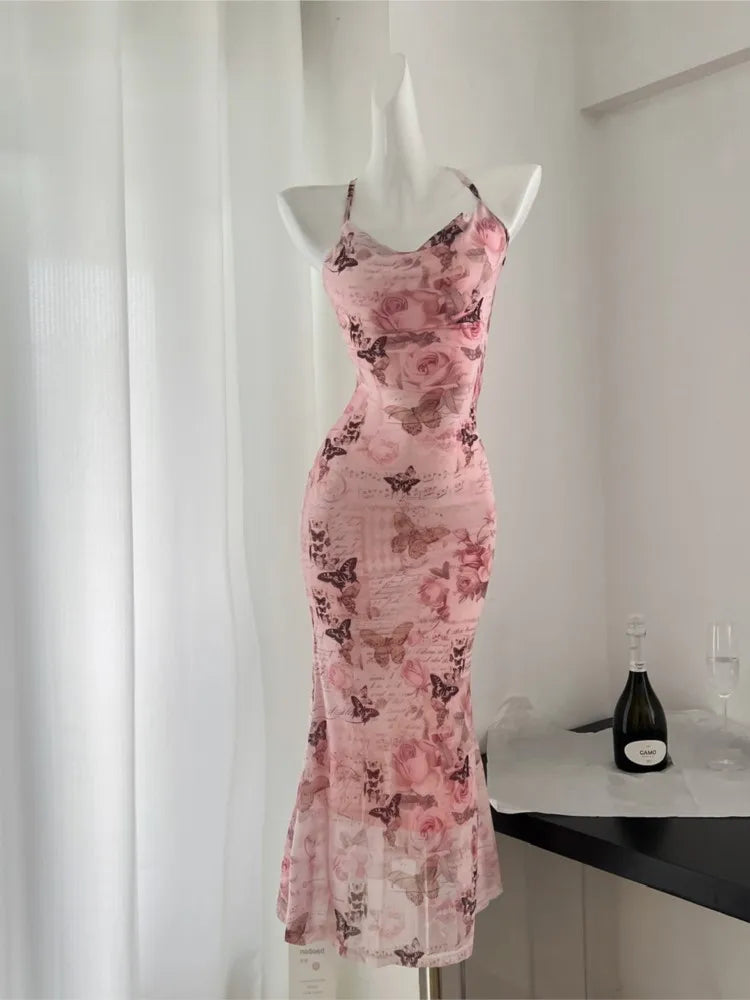 maoxiangshop Sexy Bodycon Backless Bandage Long Dresses for Women Summer Elegant Printed Spaghetti Strap Lace-up Party Dress Prom Vestidos