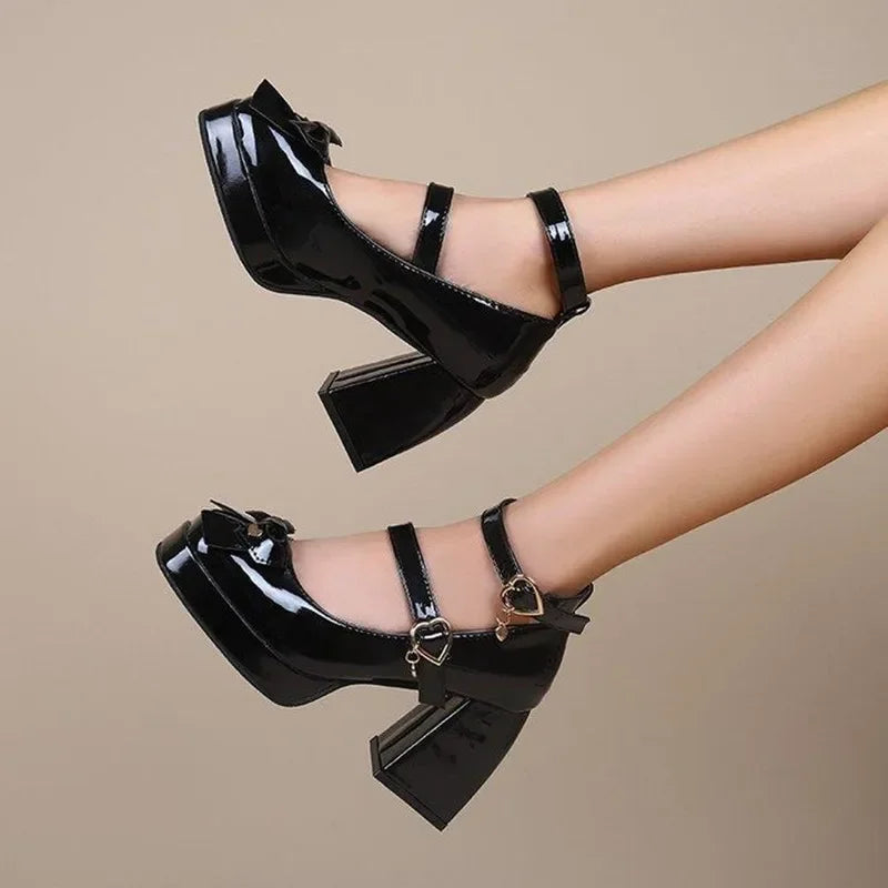 maoxiangshop - Black High Heels Pumps Women 2024 Punk Heart Buckle Design Chunky Platform Lolita Shoes Woman Bowtie Thick Heel Gothic Shoes