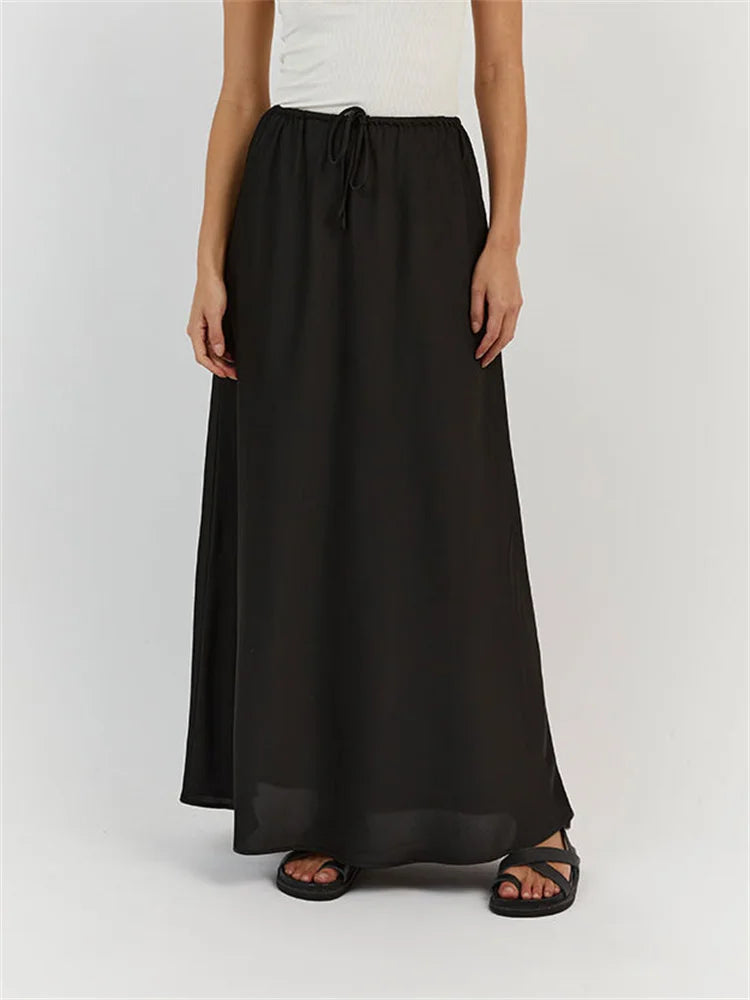 Satin Loose Lace-up Black Skirt Long For Women Casual High Waist Female Skirts Solid Elegant Street Falda Midi Mujer