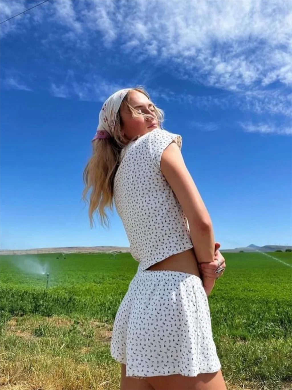 maoxiangshop - Floral Print Eyelet Short Sets Sweet Short Sleeve Camis Tops with Shorts Two Piece Set For Women Casual Cute Vintage Outfits