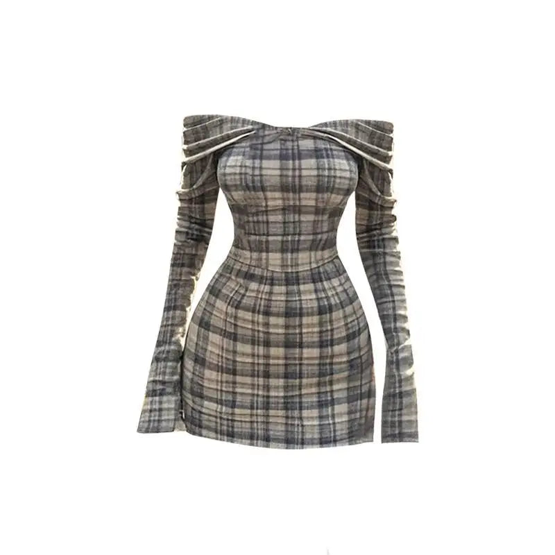 maoxiangshop - French Retro Plaid Off Shoulder Long Sleeve Sexy Dress for Women Autumn Chic Spicy Girl Waist Slimming Wrap Hip Mini Dresses