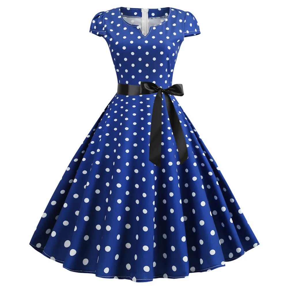 maoxiangshop Women Vintage Dress White Polka Dot Summer Dresses Pin Up Print Retro 50s 60s Rockabilly Party Sundress Vestidos