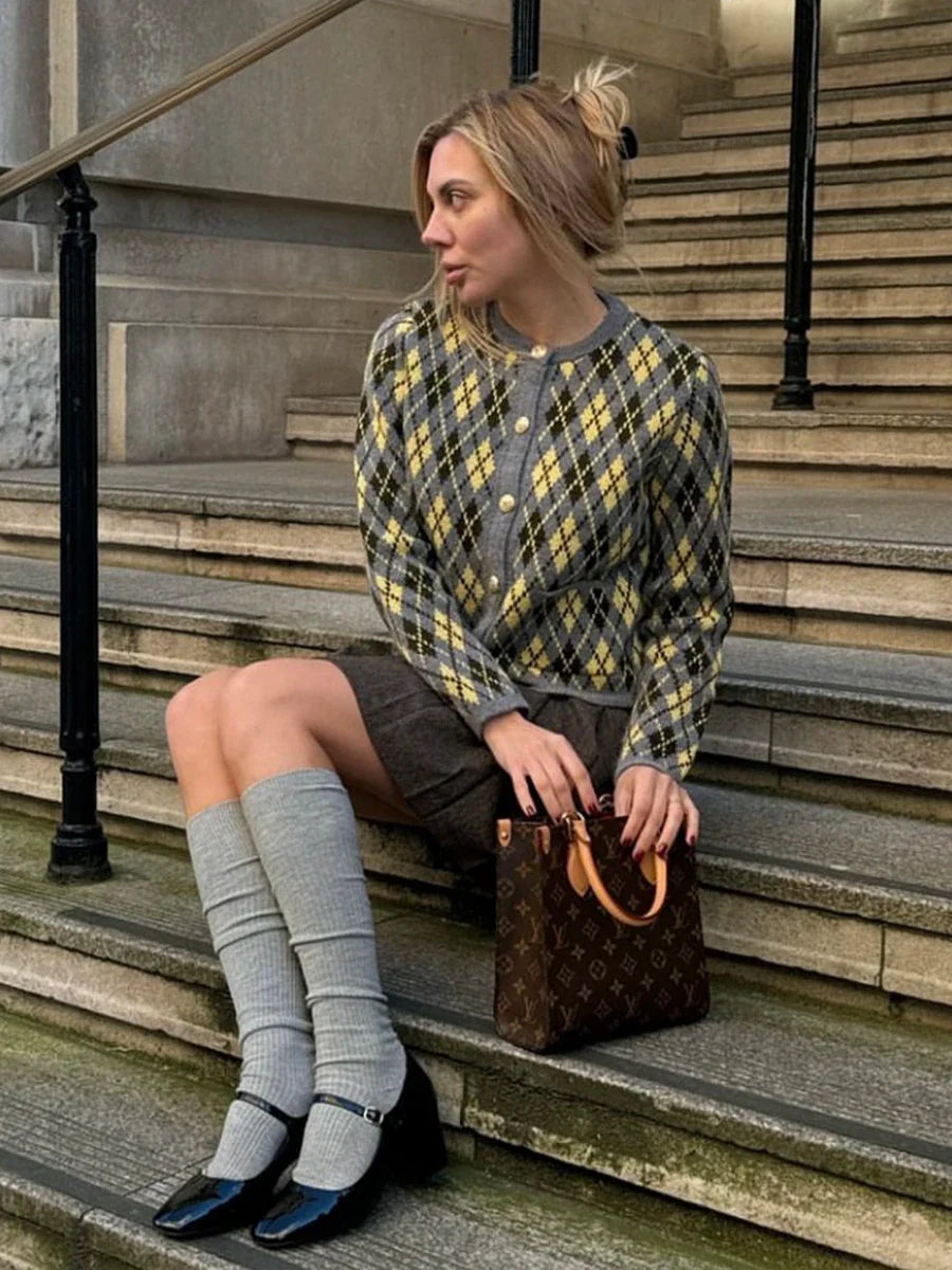 maoxiangshop - Irregular Plaid Knitted Cardigan Women Round Neck Single Breasted Long Sleeve Sweater Vintage Casual Jumper Outerwear Autumn New
