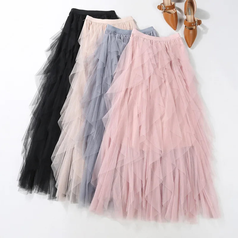 maoxiangshop Tutu Tulle Midi Skirt Women Elegant Fashion High Waist Irregular Pleated Mesh Long Skirt Spring Summer Party Female