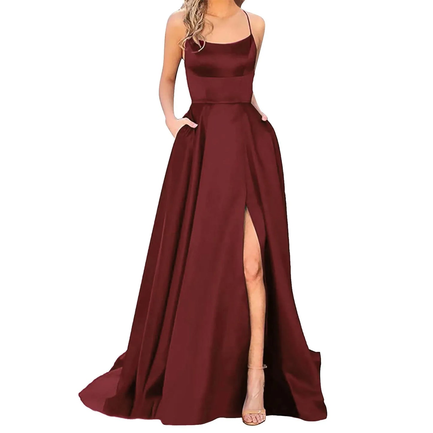 maoxiangshop-Sexy Backless Long Evening Prom Dress Purple Side Slipt Maxi Dress Women A Line Spaghetti Straps Satin Prom Gowns Formal Vestido