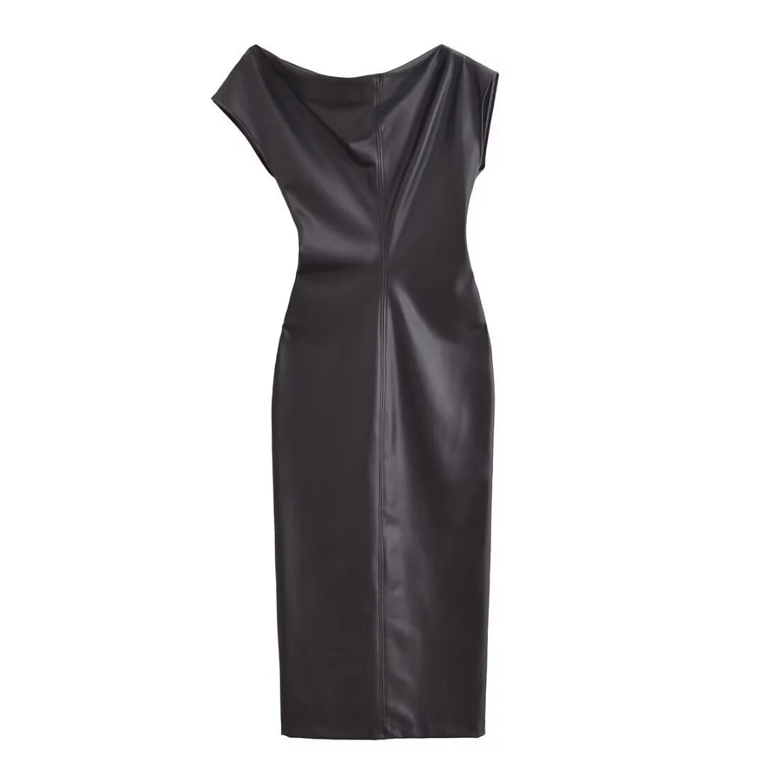 maoxiangshop - High Street Black Asymmetrical Faux Leather Women Dress 2024 New Autumn Women Sexy Zip-up Slim Vintage Dress Female Party Dress