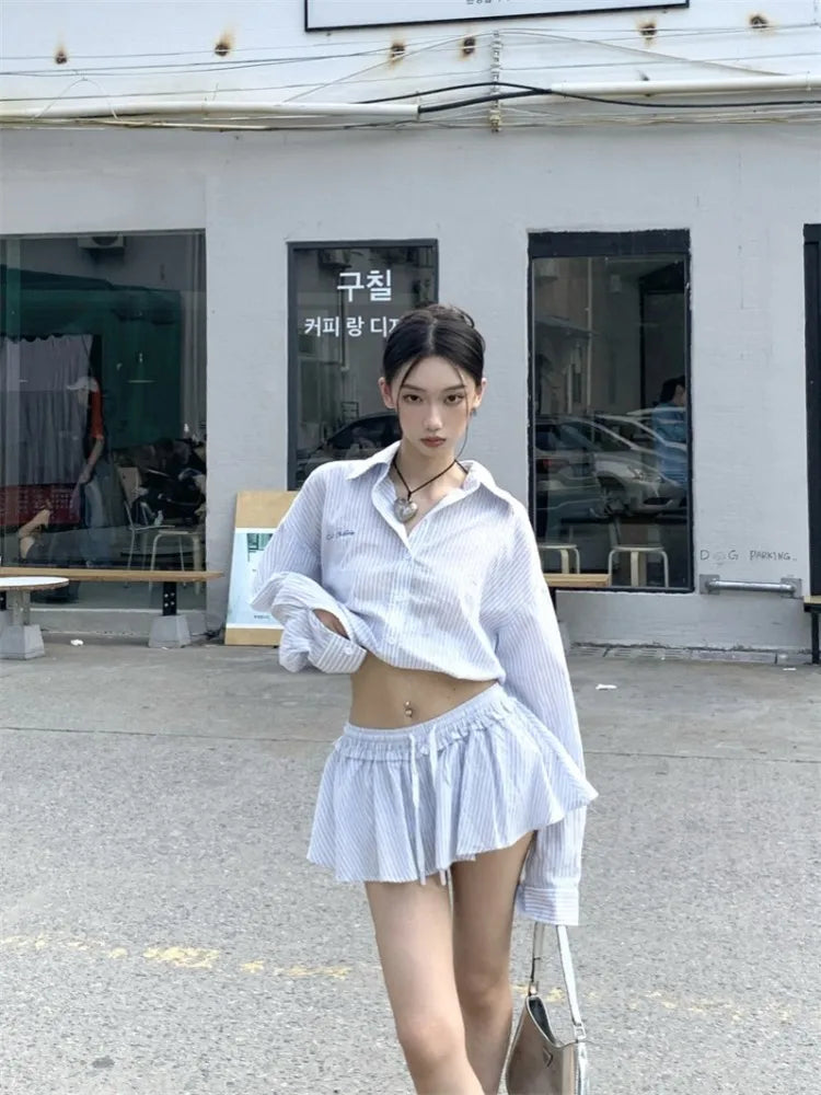 maoxiangshop - Blue Striped Set For Women'S Spring And Autumn Simple High Waisted Shirt Paired With A-Line Umbrella Skirt Two-Piece Set
