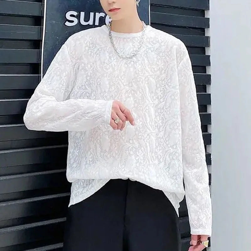 maoxiangshop French Style White Men's Wear Fashion Solid Color Jacquard Weave Tops Men's Summer Thin Style Breathable Long Sleeve T-shirt