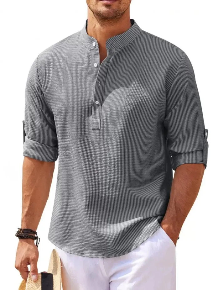 maoxiangshop Cotton Linen Hot Sale Men's Long-Sleeved Shirts Spring Autumn Solid Color Stand-Up Collar Casual Beach Style Plus Size S-5XL