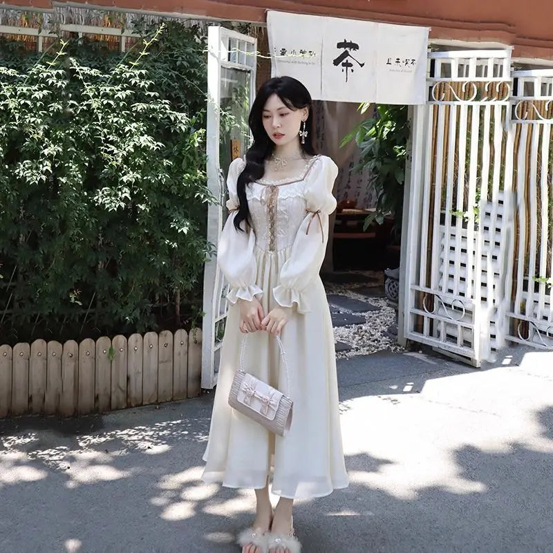 maoxiangshop - Autumn Long Sleeve Elegant Lace Dress Woman French Style Fashion Midi Dress Casual Party Slim One Piece Dress Korean Chic