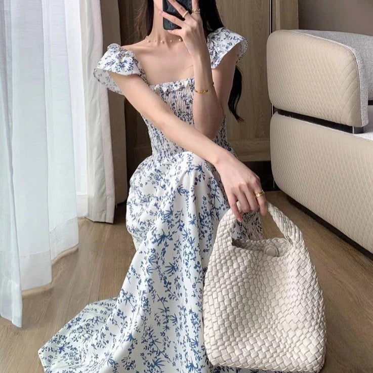 maoxiangshop Vintage Sexy Slash Neck Flying Sleeve Printing Floral Bodycon Dresses for Women Beach Sleeveless Dress Korea Fashion Summer 2024