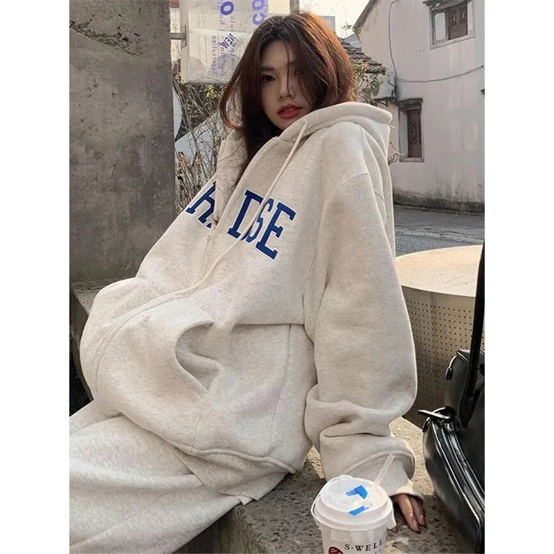 maoxiangshop Streetwear Zip Up Hoodies Women Oversized Letter Print Sweatshirt Harajuku Korean Plus Fleece Thick Casual All Match Tops