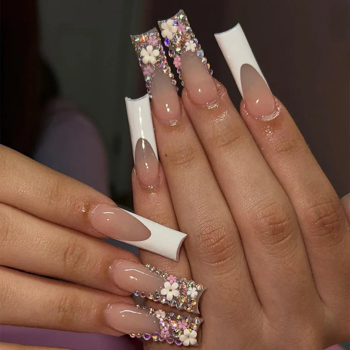 maoxiangshop 24Pcs Coffin False Nails Purple Butterfly Designs Fake Nails with Shiny Rhinestone Wearable French Full Cover Press on Nails