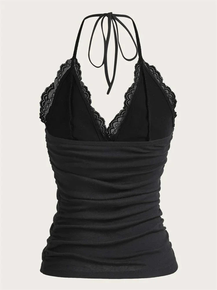 maoxiangshop Goth Grunge Punk Black Lace Patchwork Halter Top Women Summer Solid Ruched Backless Sleeveless Tank Top Streetwear Y2K Clothes
