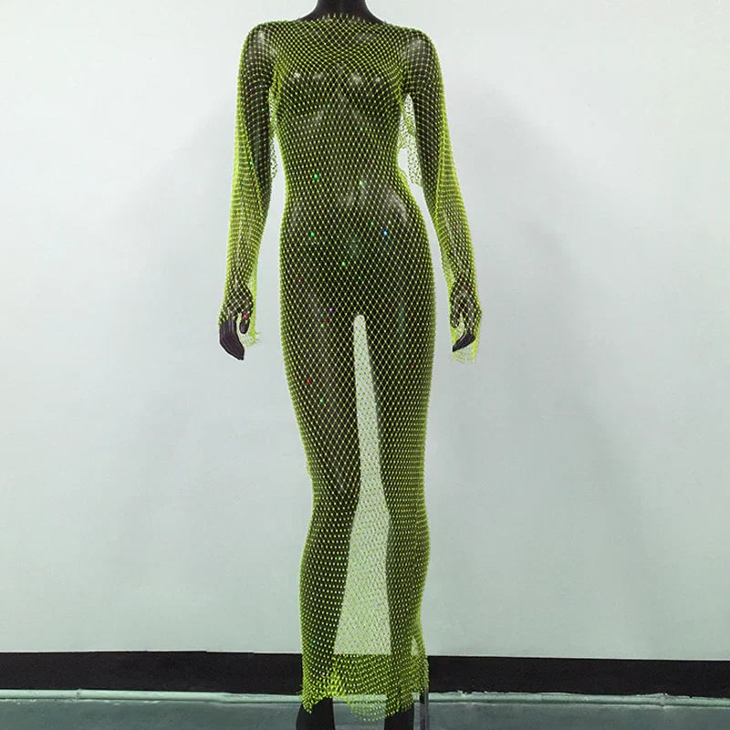 maoxiangshop-Y2K Sexy Shiny Rhinestones Grid Fishnet Dress Long Sleeve Hollow Out Side Slit Dress Beach Cover Up Breathable Lady Vestidos