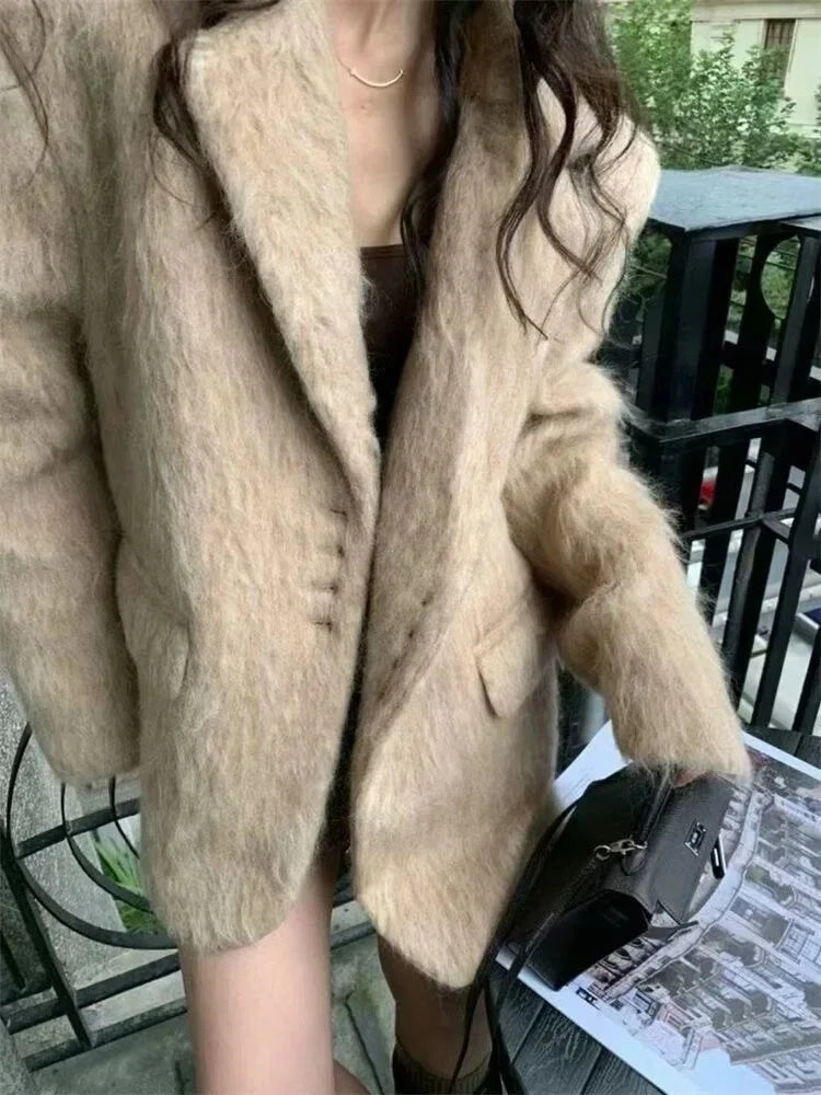 maoxiangshop - New Women's Collar Plush Jacket Elegant Loose Chic Coat Winter Thicken Fashion Office Ladies Warm Button Plush Jacket