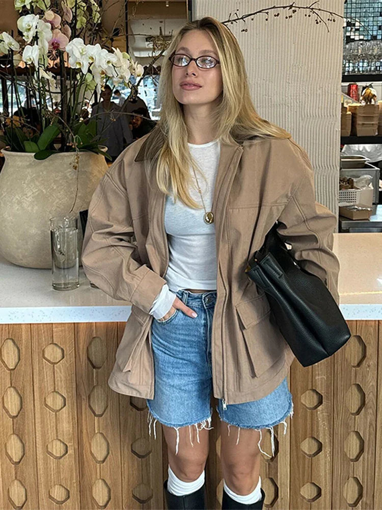 maoxiangshop - Casual Leather Lapel Jackets Women Vintage Khaki Zipper Pockets Jacket Coat Female Autumn Winter Chic High Street Outwear