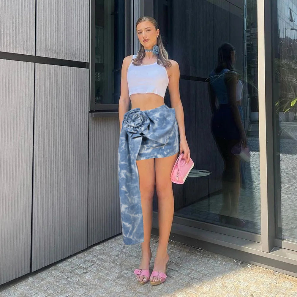maoxiangshop - Tie Flower Denim Skirt Jean Mini Dress Sexy Y2K Streetwear 2023 Women Winter Fall Fashion Cargo Dress High Waist Tie Dye Skirts