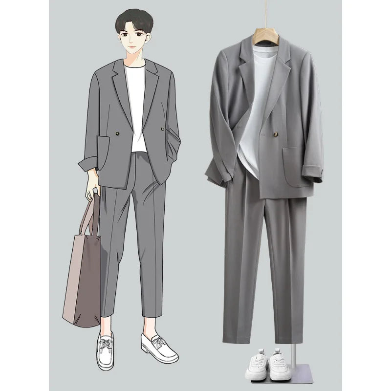 maoxiangshop New Casual Suit Set Men's Loose Fit Korean Version Handsome Spring Autumn Small Suit Coat Men's Slim Fit Complete Set