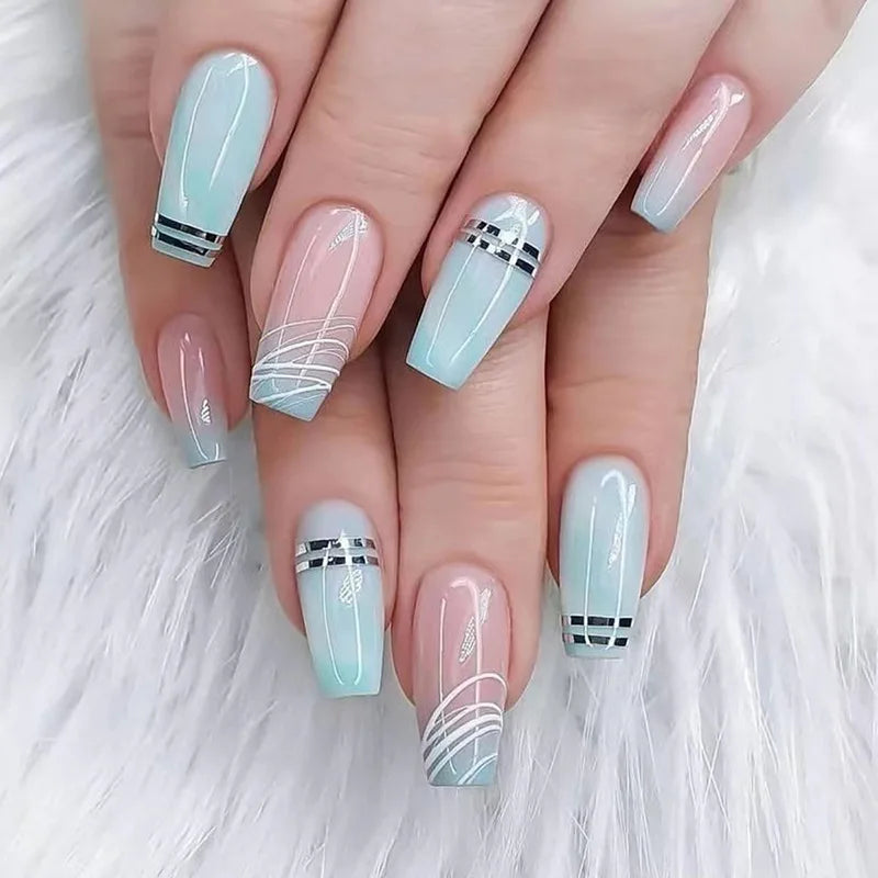 maoxiangshop 24Pcs Long Square Head False Nails with Gold Foil Design Wearable Black French Fake Nail Glitter Coffin Full Cover Press on Nail
