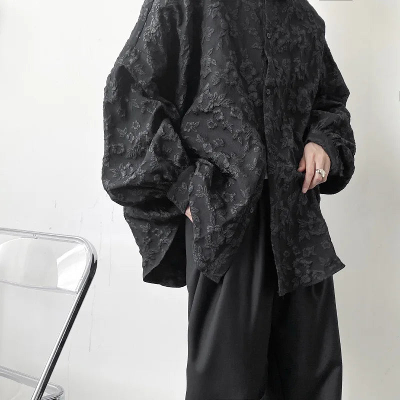 maoxiangshop Shirts Men Floral Japanese Style Fashion Loose Pleated Long Sleeve Vibe All-match High Street Youthful Cool Designed Vintage
